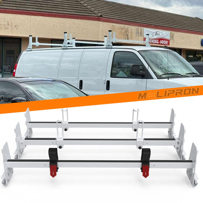 MELIPRON 850 lbs Van Roof Ladder Rack Fit for Chevy Express 1500 2500 3500, for 1996–2025 Cargo Vans with Rain Gutters, No Drill, Heavy Duty for Commercial Use