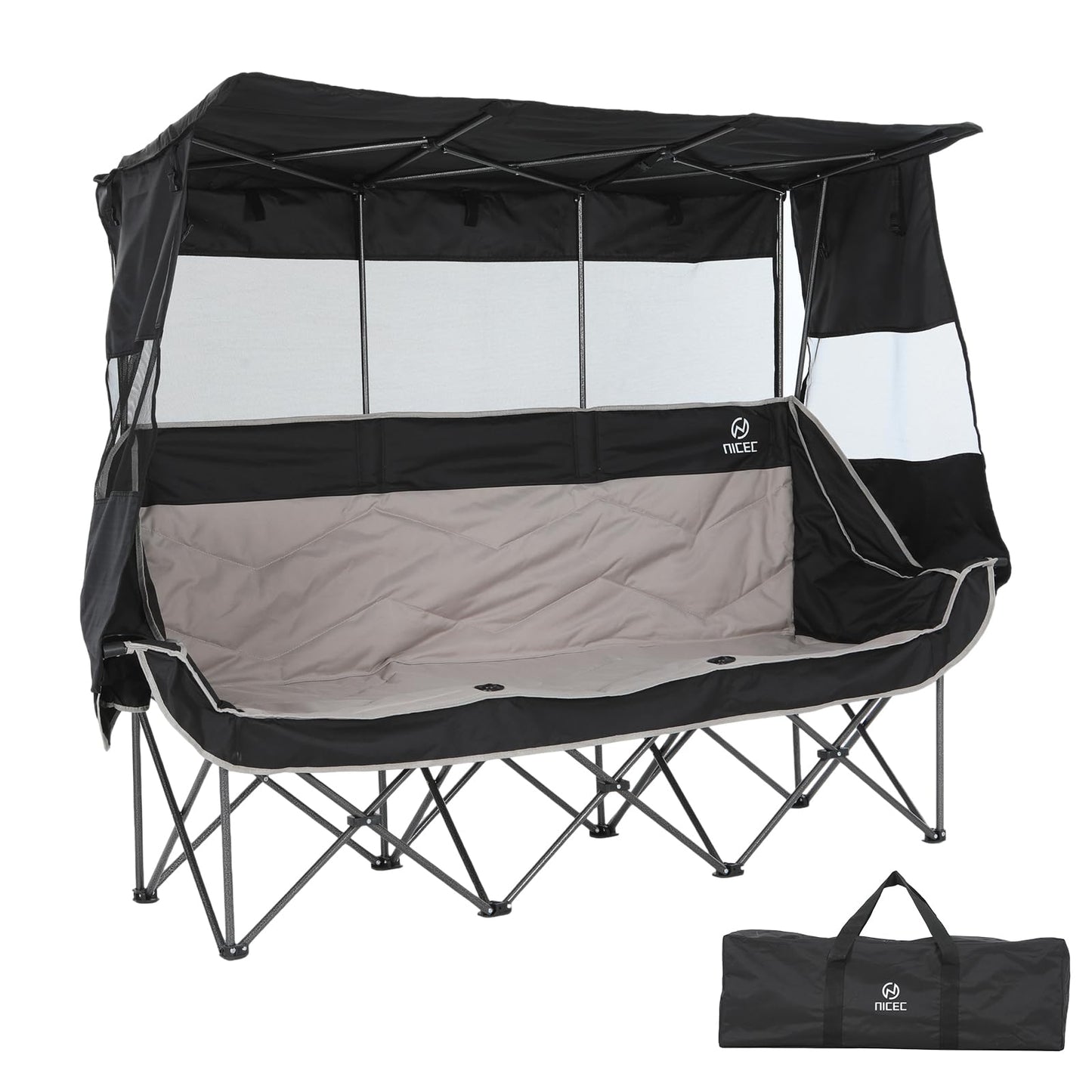 Nice C 3 Person Camping Chair with Canopy, Oversized Double Chair with Shade, Umbrella Chairs Loveseat Couch, Folding Padded Sports Bench with Cup Holder Cooler Bag for Adult Outdoor Lawn(Black&Grey)