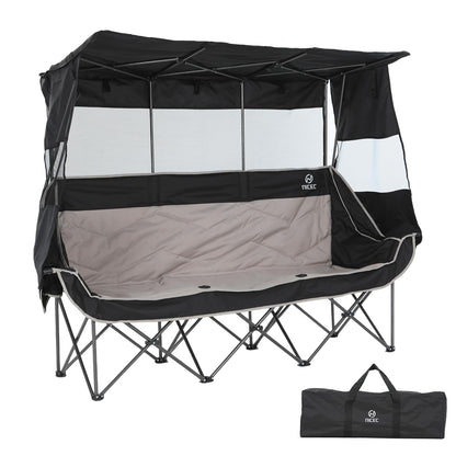 Nice C 3 Person Camping Chair with Canopy, Oversized Double Chair with Shade, Umbrella Chairs Loveseat Couch, Folding Padded Sports Bench with Cup Holder Cooler Bag for Adult Outdoor Lawn(Black&Grey)