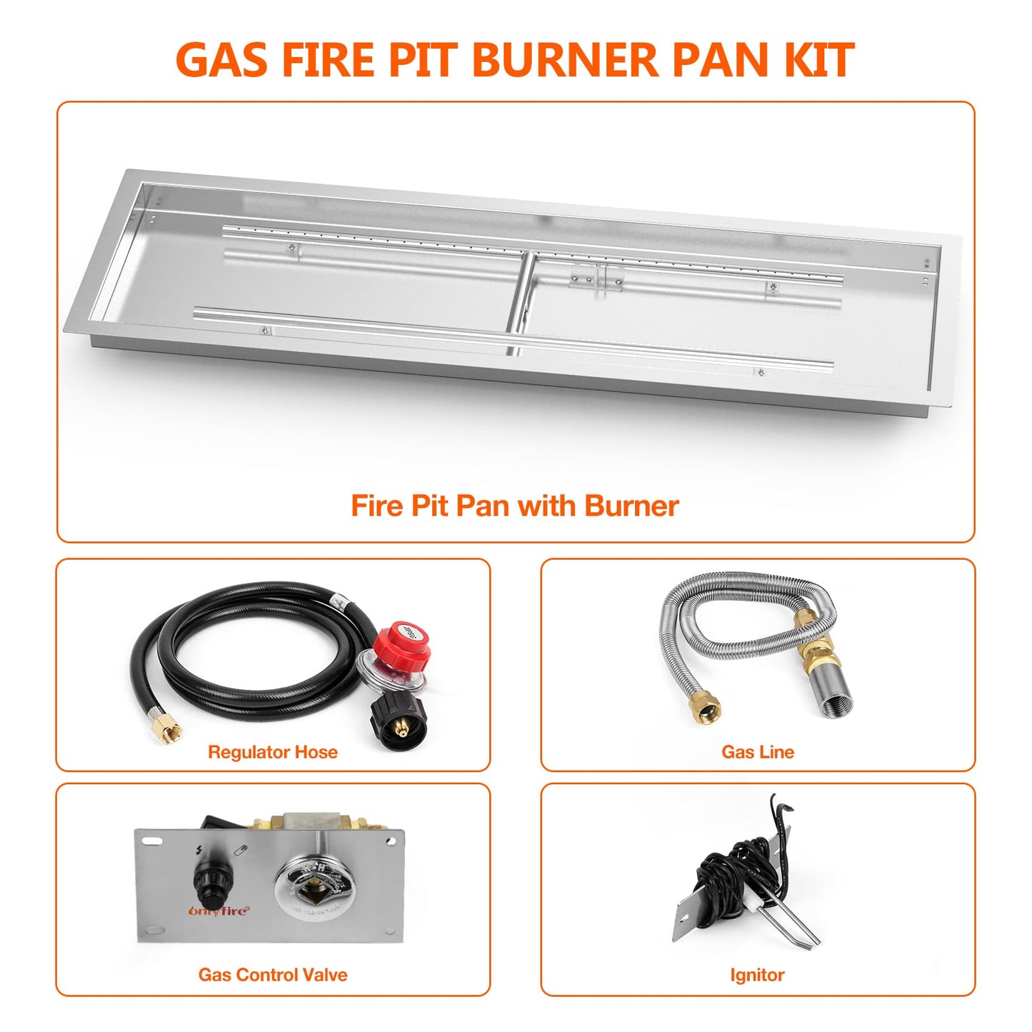 Onlyfire 48 x 14 Inch Drop-in Fire Pit Pan Kit, Rectangular Stainless Steel Propane Gas Firepit Pan Kit with H Burner, Spark Ignition and Propane Hose Kit for Indoor or Outdoor DIY Fire Pit Fireplace