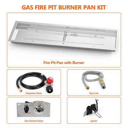 Onlyfire 48 x 14 Inch Drop-in Fire Pit Pan Kit, Rectangular Stainless Steel Propane Gas Firepit Pan Kit with H Burner, Spark Ignition and Propane Hose Kit for Indoor or Outdoor DIY Fire Pit Fireplace