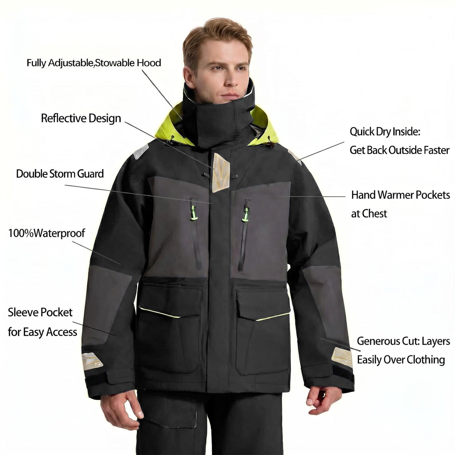 Men's Ocean Sailing Suit Offshore Sailing Jacket & Bib Pants Combi Clothes Set - Hi-Vis Wet Weather Gear Hips & Knees Patches (Black, Large)