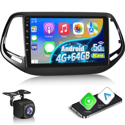 8 Core 4+64G Android Car Stereo for Jeep Compass 2017 2018 2019 with Carplay & Android Auto - 10 Inch 1280 * 720P Touchscreen Radio with DSP/Cooling Fan/5G WiFi/GPS Navigation/SWC/Backup Camera