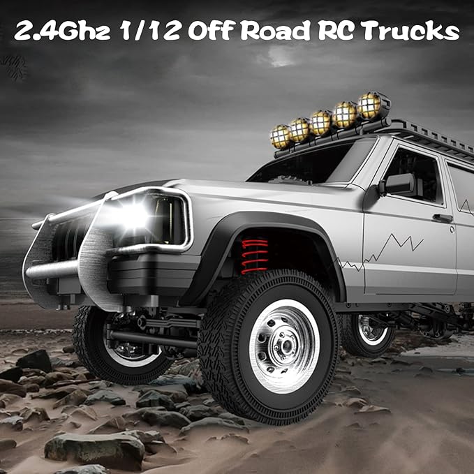 Goolsky RC Rock Crawler 1:12 Scale Remote Control Car 4WD Off Road RC Truck 2.4Ghz All Terrains Climbing Vehicle RC Car with LED Lights for Adults Include 2 Batteries (Silver)