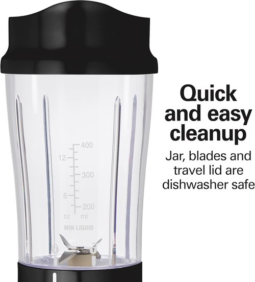 Hamilton Beach Portable Travel Cup - 14 Oz BPA-Free Smoothie Maker with Durable Stainless Steel Blades - Black