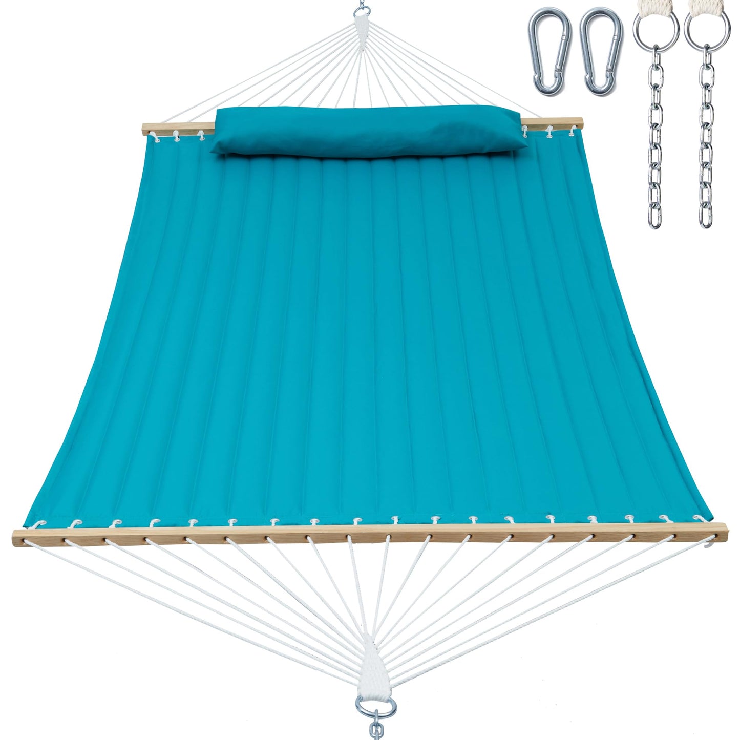 GAFETE Hammock 2 Person Quilted Fabric Hammocks for Outside, Double 12ft Hammocks with Spreader Bar, Large Removable Pillow, Storage Bag, Carabiners, Max 475 lbs Capacity (Canyon Creek Aqua)