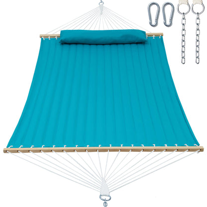GAFETE Hammock 2 Person Quilted Fabric Hammocks for Outside, Double 12ft Hammocks with Spreader Bar, Large Removable Pillow, Storage Bag, Carabiners, Max 475 lbs Capacity (Canyon Creek Aqua)