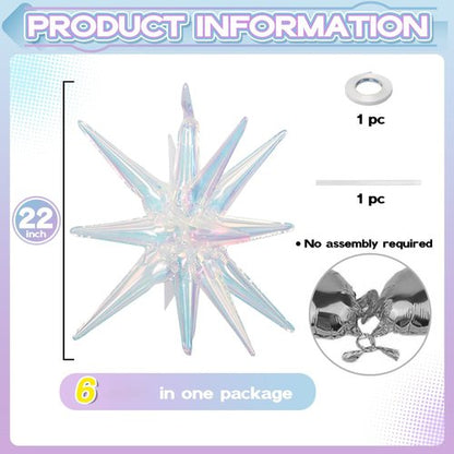 HILAVO 6PCS Iridescent Star Balloons, 22Inch Huge Iridescent Explosion Star Balloons Holographic Spike Cone Foil Balloon for Baby Shower Bridal Shower Wedding Birthday Party Decorations
