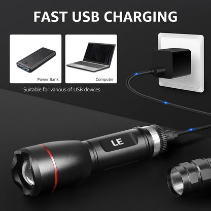 Lepro LED Rechargeable Flashlight, LP3000 High Lumens, Zoomable, Bright Flashlight, Waterproof, 5 Lighting Modes, Small Handheld Flashlight for Camping, Emergencies, USB Cable Included