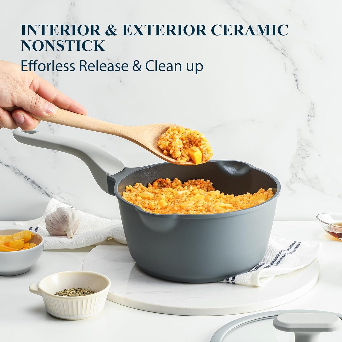 PRICUSIS Nonstick 2 Quart Saucepan with Lid - Ceramic, Non-Toxic, Induction Compatible, Pour Spouts