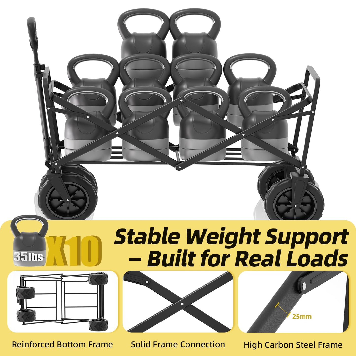 EchoSmile Heavy Duty 350 Lbs Capacity Collapsible Wagon, Outdoor Folding Camping Grocery Portable Utility Cart, Adjustable Rolling Carts, All Terrain Sports Wagon with Big Wheels (Black)