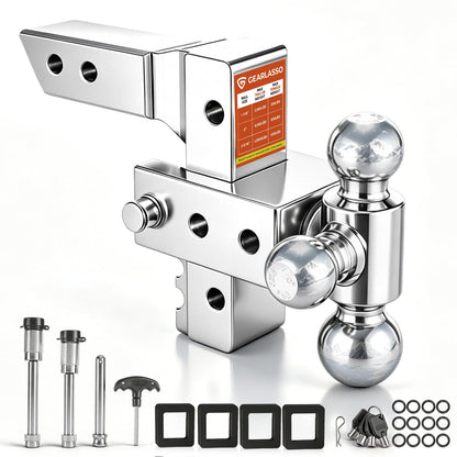 Adjustable Trailer Hitch Fits 2 Inch Receiver 12,500Lbs for Heavy Duty Truck RV with Tri-Ball (1-7/8", 2", 2-5/16") Stainless Steel 6-Inch Drop/Rise Aluminum Towing Ball Mounts (Silver)
