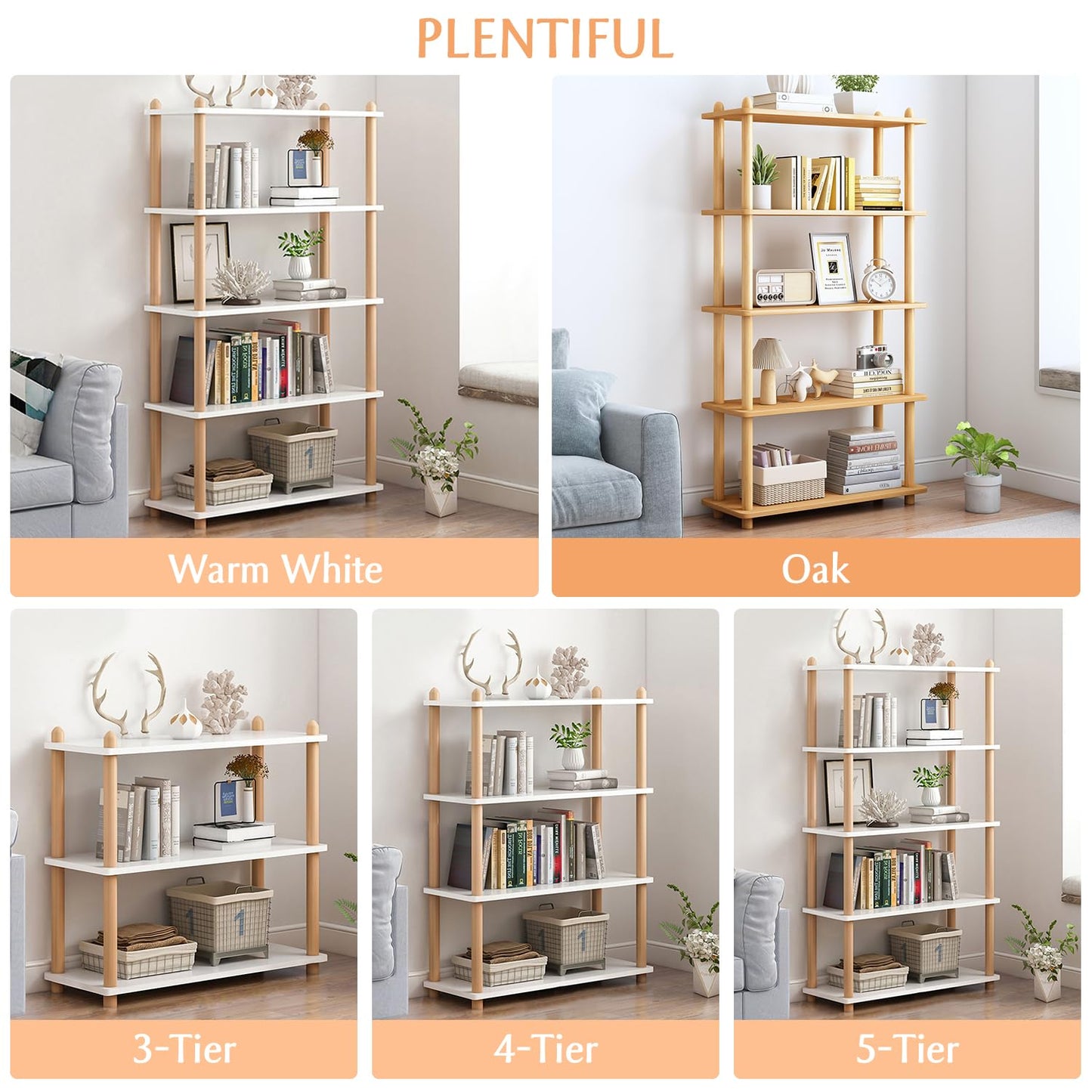 IOTXY 5-Tier Wooden Shelf Bookcase - Modern Open Bookshelf, Free Standing Storage Rack, Multifunctional Display Stand for Home and Office, Oak, Rectangle