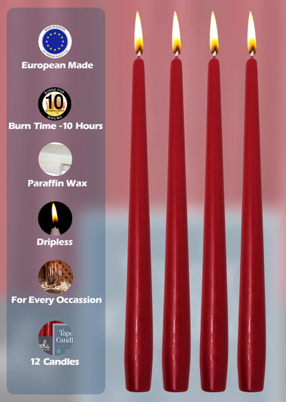Hyoola Tall Taper Candles - 12 Inch Cherry Red Unscented Dripless Taper Candles - 10 Hour Burn Time - 12 Pack