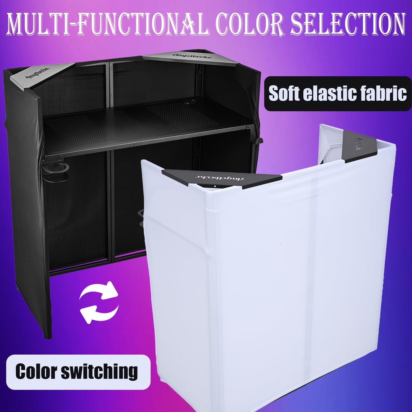 ANGELBECKE Portable DJ Booth Facade,DJ Table,Heavy-Duty DJ Table Stand Portable Booth,Iron Plate Surface DJ Facade Booth,with Carry Bag & Hook & Cup Holder (41.3"L x 20.4"W x 43.3"H)