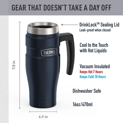 THERMOS Stainless King Travel Mug - 16oz Vacuum-Insulated, Midnight Blue | Leak-Proof & Sweat-Proof Design for Hot & Cold Drinks
