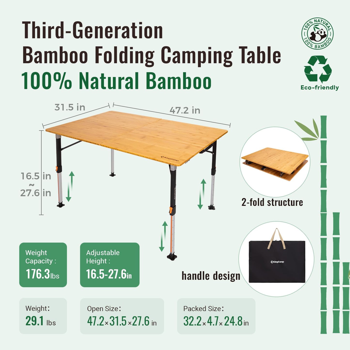 KingCamp Bamboo Folding Table, 2-Fold Camping Adjustable Height Portable Outdoor Lightweight & Compact Table with Aluminum Frame for RV Picnic BBQ