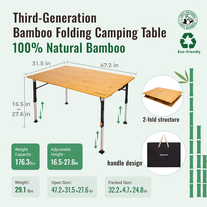 KingCamp Bamboo Folding Table, 2-Fold Camping Adjustable Height Portable Outdoor Lightweight & Compact Table with Aluminum Frame for RV Picnic BBQ
