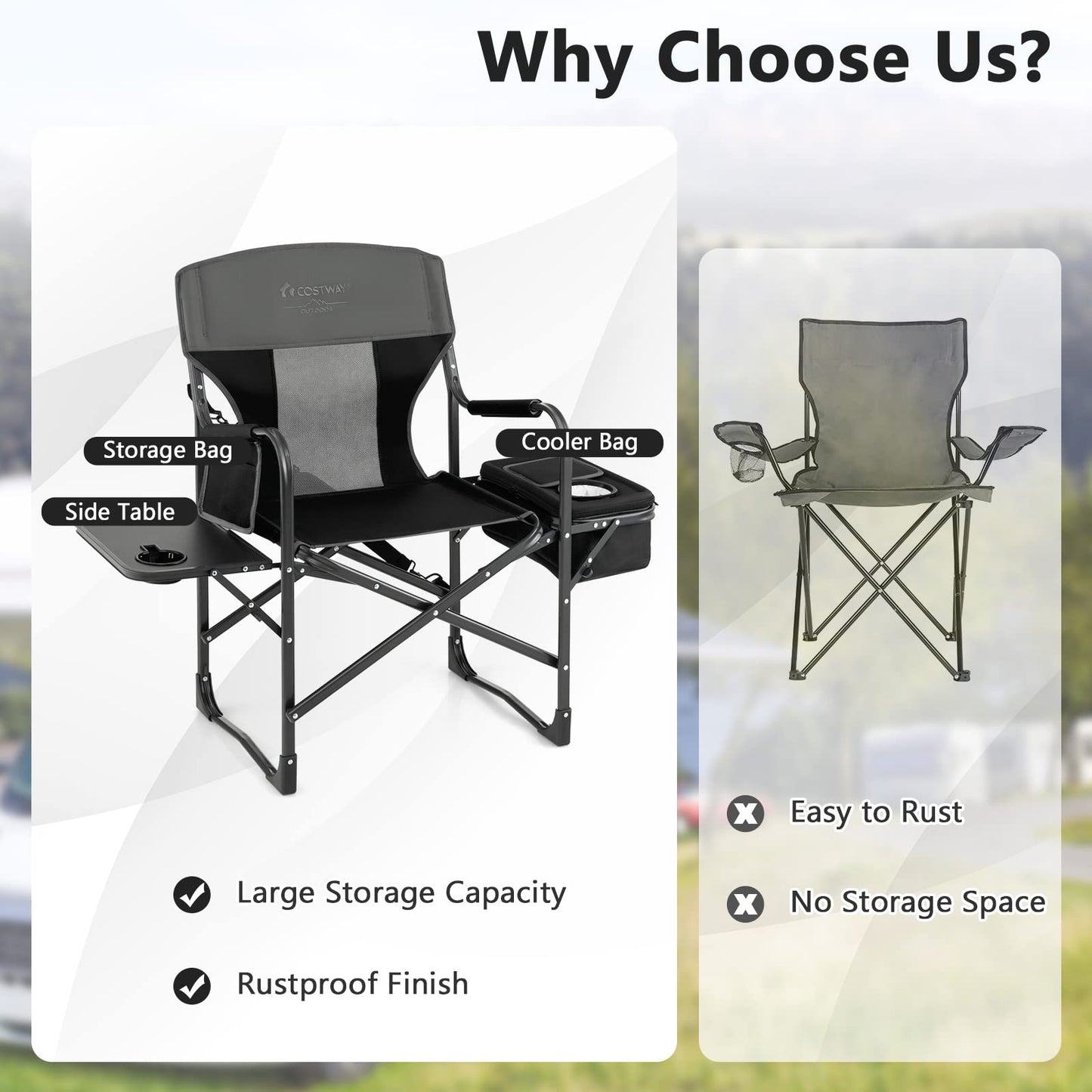 COSTWAY 2-Pack Folding Camping Chair, Heavy-Duty Director Chair Supports 400lbs for Adults with Side Table, Cooler Bag, Storage, Strap, Portable Makeup Chair Set of 2 for Fishing Picnic, Black