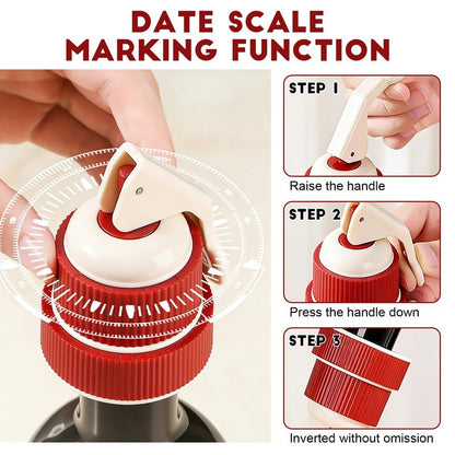Vacuum Wine Stopper with Date Marker, Lever-Lock Wine Saver, 100% Leak-Proof Airtight Seal for Horizontal Fridge Storage, Reusable Wine Bottle Topper Gift for Wine Lovers (Red)