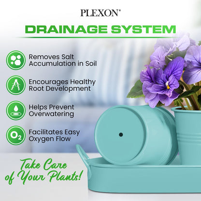 Plexon Herb Planter Indoor Garden Set of 3 with Tray, Metal Herb Pots for Indoor Plants, Round Kitchen Garden Kit Ideal for Windowsill Planter or Countertop, Aqua Mist Blue Powder Coated