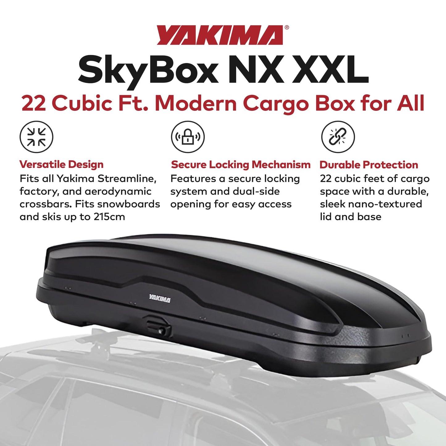 Yakima Car Roof Cargo Carrier, SkyBox NX XXL Rooftop Hard Shell Box with SKS Lock, Black - Heavy-Duty Vehicle Storage Accessories for Travel and Camping