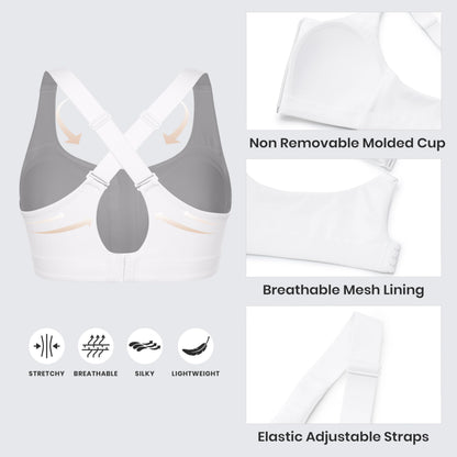 CRZ YOGA Womens Zip Front High Impact Sports Bra - Molded Cup Adjustable Convertible Straps Wireless Workout Yoga Crop Top White 34DD