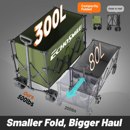 EchoSmile Collapsible Foldable Extended Wagon with 500Lbs Weight Capacity, 300L Folding Utility Wagon Cart with Big All-Terrain Wheels for Beach,Sport,Garden&Grocery (Green)