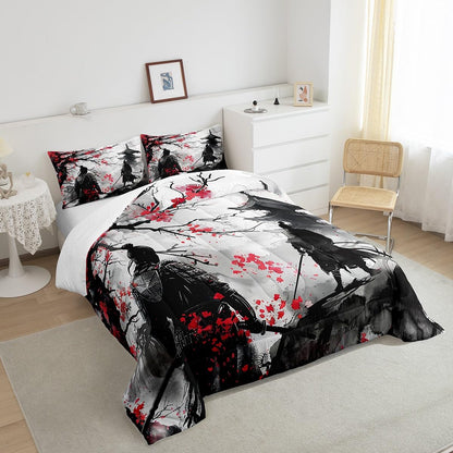 Feelyou Japanese Samurai Comforter Set Queen Size Kids Ukiyoe Comforter for Boys Girls Cherry Blossoms Bedding Set Japanese-Style Duvet Set