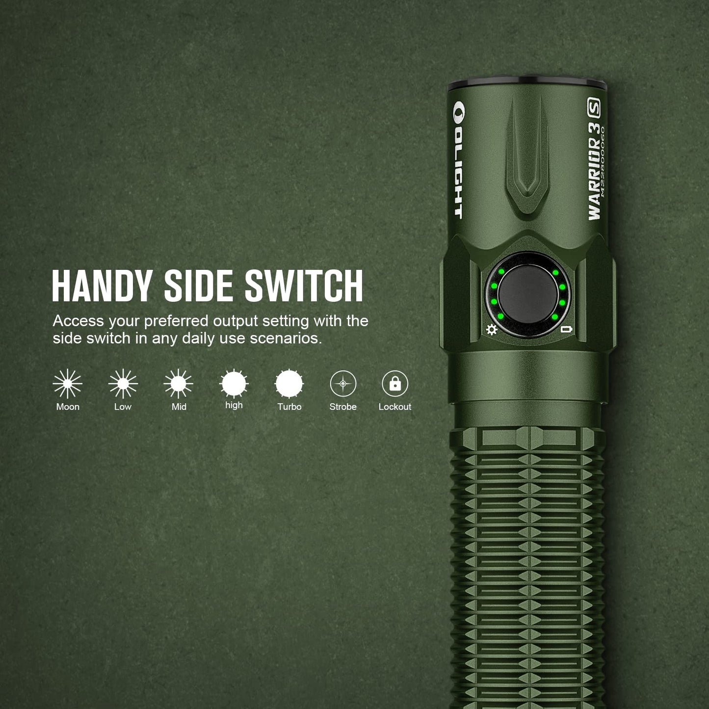 OLIGHT Warrior 3S 2300 Lumens Rechargeable Tactical Flashlight, Compact Dual-Switches LED Bright Light with Proximity Sensor, Powered by Customized Battery for Emergency and Searching (OD Green)