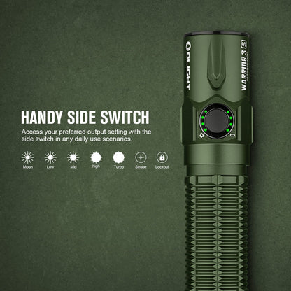 OLIGHT Warrior 3S 2300 Lumens Rechargeable Tactical Flashlight, Compact Dual-Switches LED Bright Light with Proximity Sensor, Powered by Customized Battery for Emergency and Searching (OD Green)