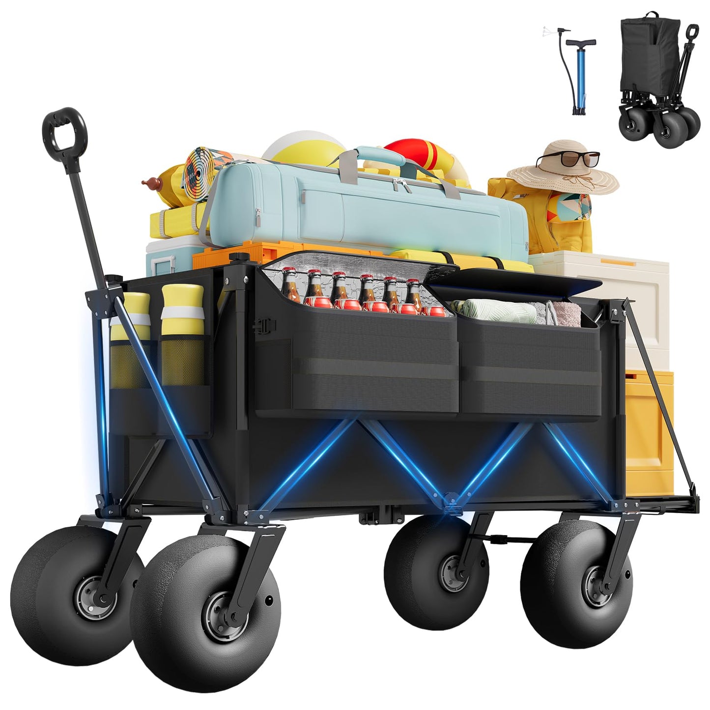 Beach Wagon with Big Wheels for Sand - 450lbs Load Heavy Duty Wagons Carts Foldable with 9" All Terrain Inflatable Tires, Collapsible Beach Cart for Grocery Shopping Garden Sports Camping Outdoor
