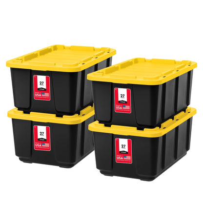 IRIS USA 4-Pack 27 Gallon Storage Bins with Lids |Made in USA| Heavy Duty Plastic Tote Containers for Truckbed Tool Box Organization, Large - Black/Yellow