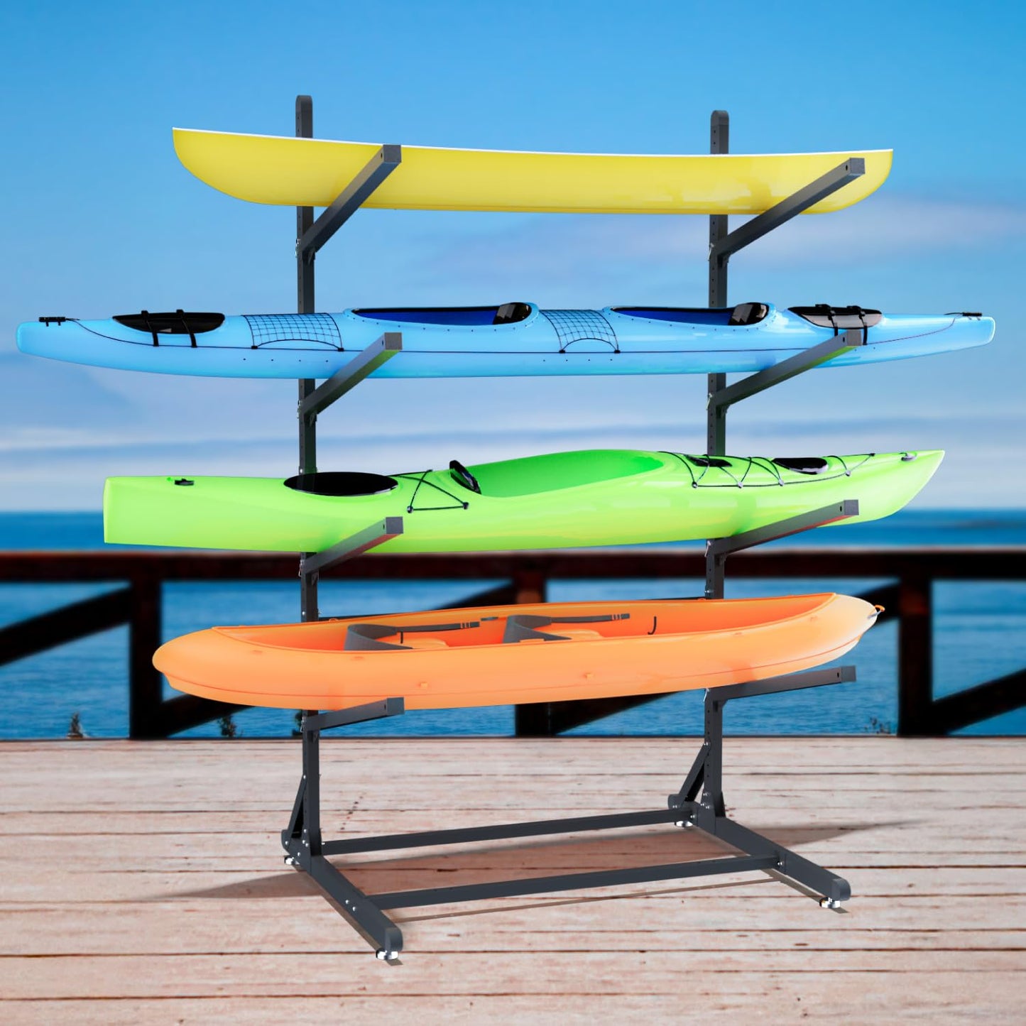 RDCMKL Freestanding Kayak Storage Rack, Heavy Duty Adjustable Stand for Kayaks, SUPs, Paddleboards, Canoes, Weatherproof, Indoor Outdoor, 400 LBS Capacity (4 Levels)