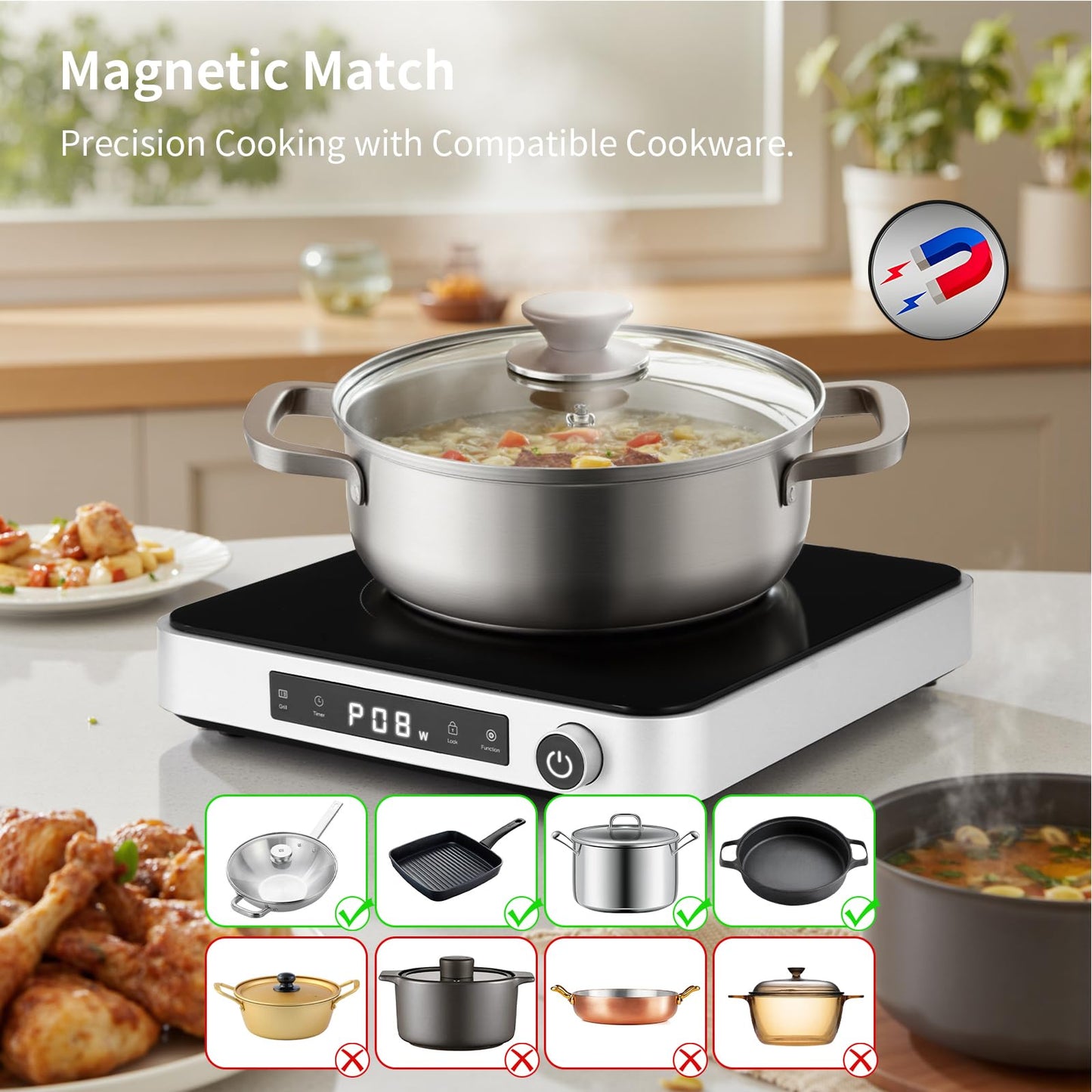 Cooktron 2-in-1 Induction Cooktop with Grill Pan – Portable 1 Burner Induction Hot Plate 1800W, Removable Griddle, 10 Power & 5 Temp Levels, Touch & Knob Control for Kitchen or RV Camping