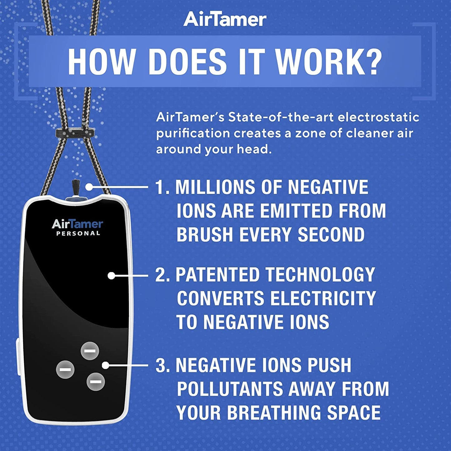 AirTamer A310 Personal Air Purifier Necklace – Rechargeable Wearable Air Cleaner for Travel, Office & Everyday Use - Silent, Lightweight, Black with Metal Case