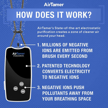 AirTamer A310 Personal Air Purifier Necklace – Rechargeable Wearable Air Cleaner for Travel, Office & Everyday Use - Silent, Lightweight, Black with Metal Case