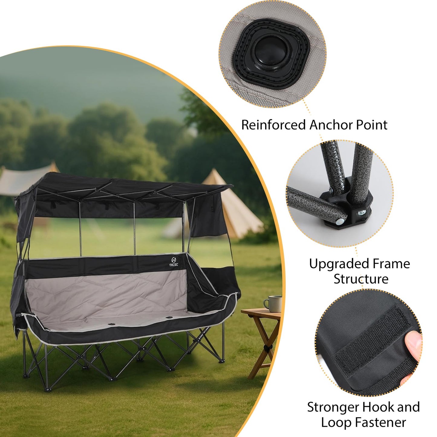 Nice C 3 Person Camping Chair with Canopy, Oversized Double Chair with Shade, Umbrella Chairs Loveseat Couch, Folding Padded Sports Bench with Cup Holder Cooler Bag for Adult Outdoor Lawn(Black&Grey)