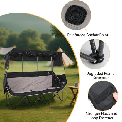 Nice C 3 Person Camping Chair with Canopy, Oversized Double Chair with Shade, Umbrella Chairs Loveseat Couch, Folding Padded Sports Bench with Cup Holder Cooler Bag for Adult Outdoor Lawn(Black&Grey)