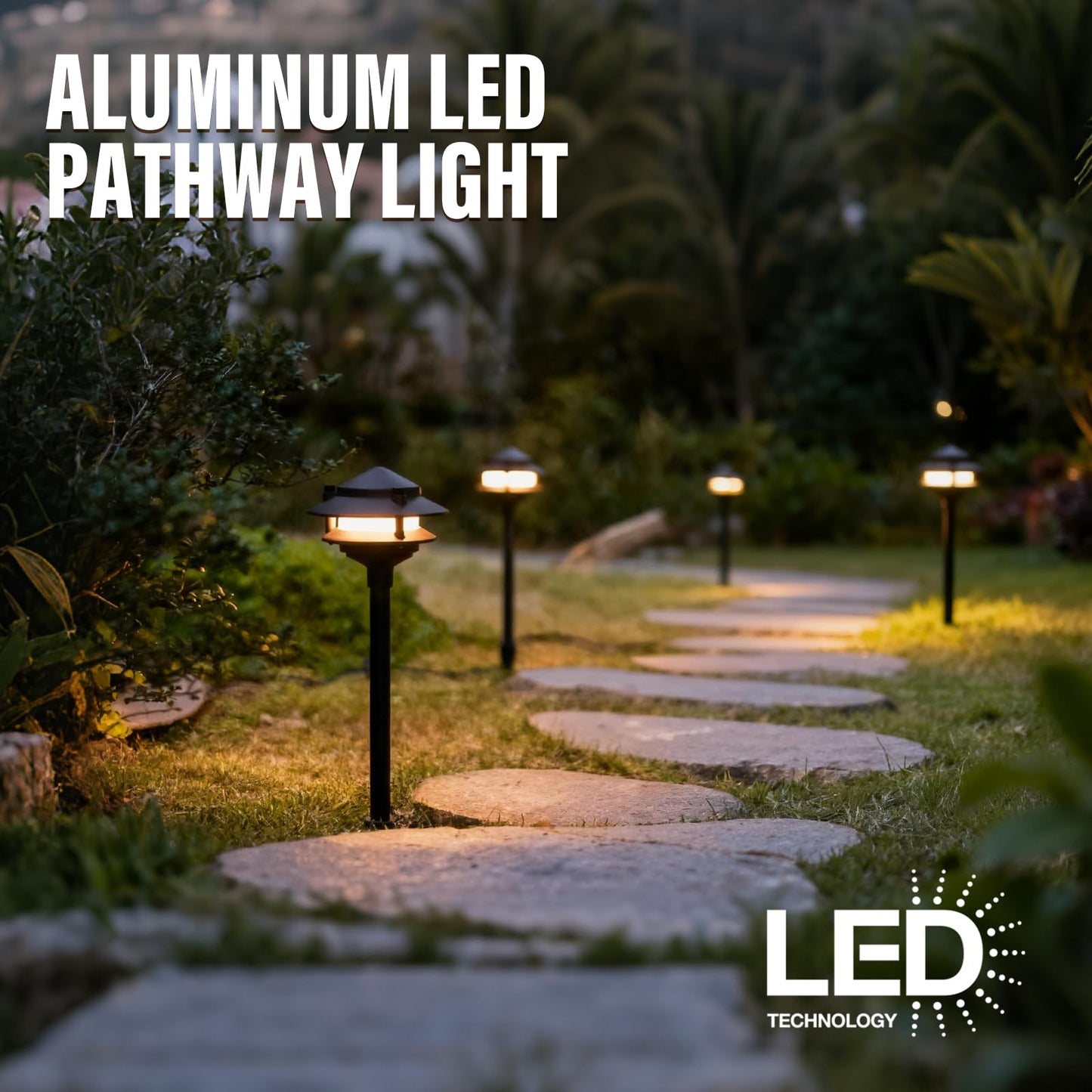 VENUS MANUFACTURING 12V Low Voltage Landscape Path Lights, 4-Pack 2.2W LED 2-Tier Tiered Path Lights (3100K Warm White) Landscape Lighting, Die-Cast Metal Housing with Stake, IP65 Weatherproof, Black