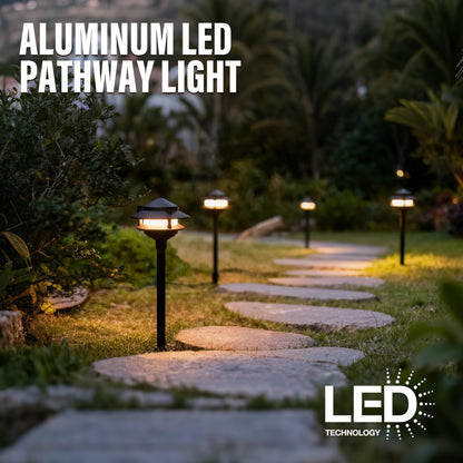 VENUS MANUFACTURING 12V Low Voltage Landscape Path Lights, 4-Pack 2.2W LED 2-Tier Tiered Path Lights (3100K Warm White) Landscape Lighting, Die-Cast Metal Housing with Stake, IP65 Weatherproof, Black