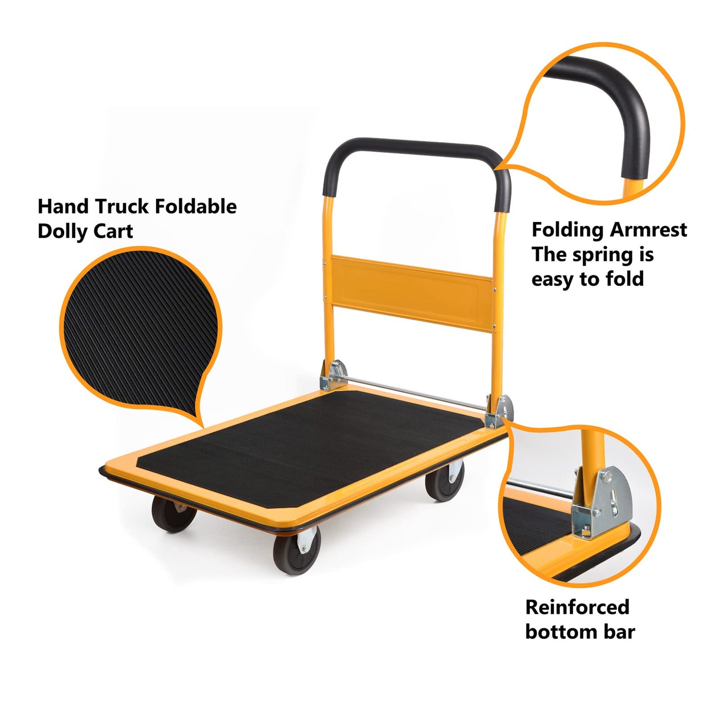 LEADALLWAY Platform Truck Large Size 880lbs Foldable Push Cart 35.8x24x34.3inches Yellow with 2 Ropes