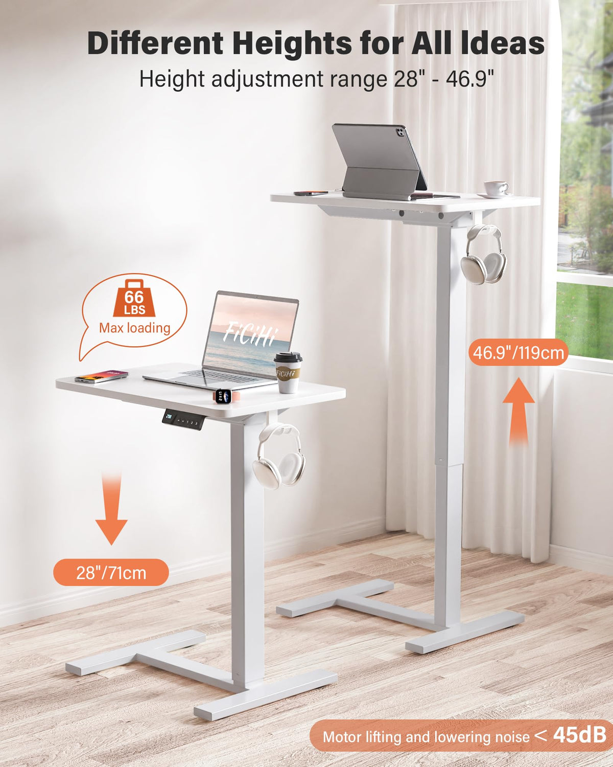 FiCiHi Small Electric Standing Desk - Adjustable Height Bedside Laptop Table with Wheels, Mobile, Portable Rolling Computer Workstation Sit Stand Table for Home Office, Sofa, Couch Use (24x16, White)