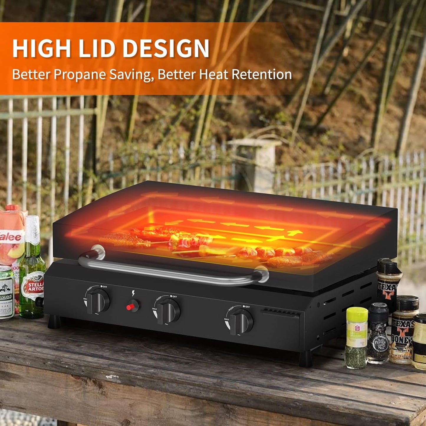 SKOK 23.3 Inch Gas Griddle - Portable Flat Top Grill with Hood for Camping & Tailgating, 45,000 BTU Output