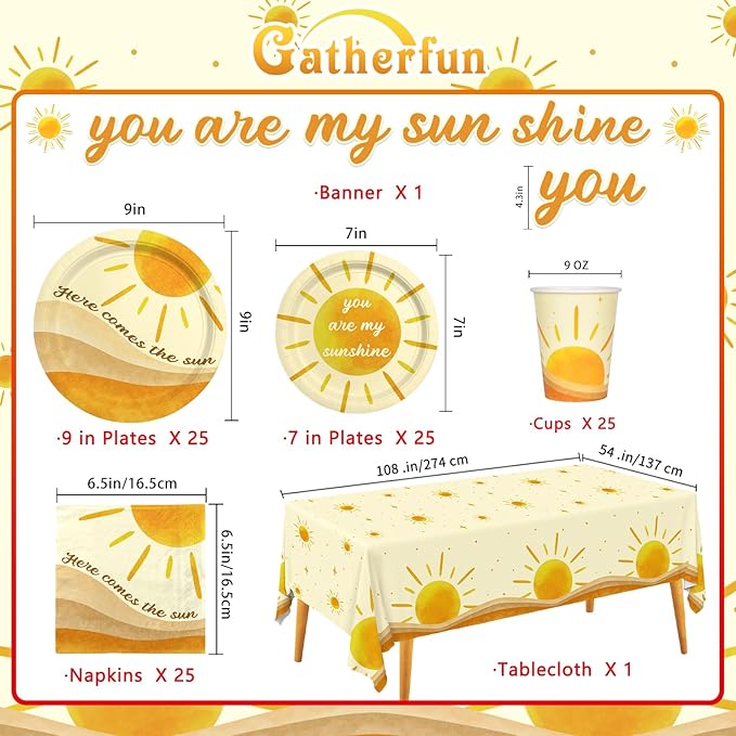 Boho Sun-Theme Birthday Party Supply Set Complete Baby Shower Decorations with Sunshine Disposable Paper Plates Cups Tablecloth Banner and Napkins for 25 Boho Baby Shower Party Decorations.