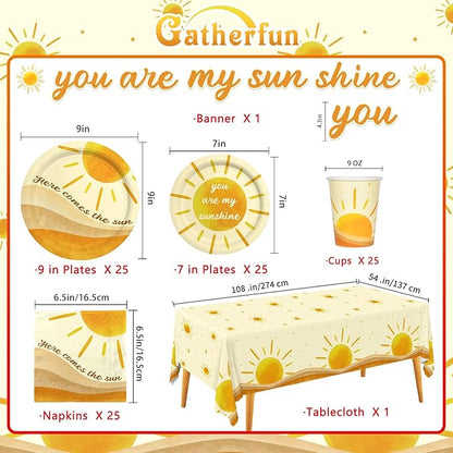 Boho Sun-Theme Birthday Party Supply Set Complete Baby Shower Decorations with Sunshine Disposable Paper Plates Cups Tablecloth Banner and Napkins for 25 Boho Baby Shower Party Decorations.
