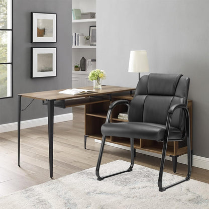 Simple Deluxe Leather Guest Chairs with Padded Arms & Sled Base - Set of 1 Stationary No Wheel Waiting Room Chair for Conference Reception Rooms, Lobby, Home Office Computer Desk, Bedroom, Black