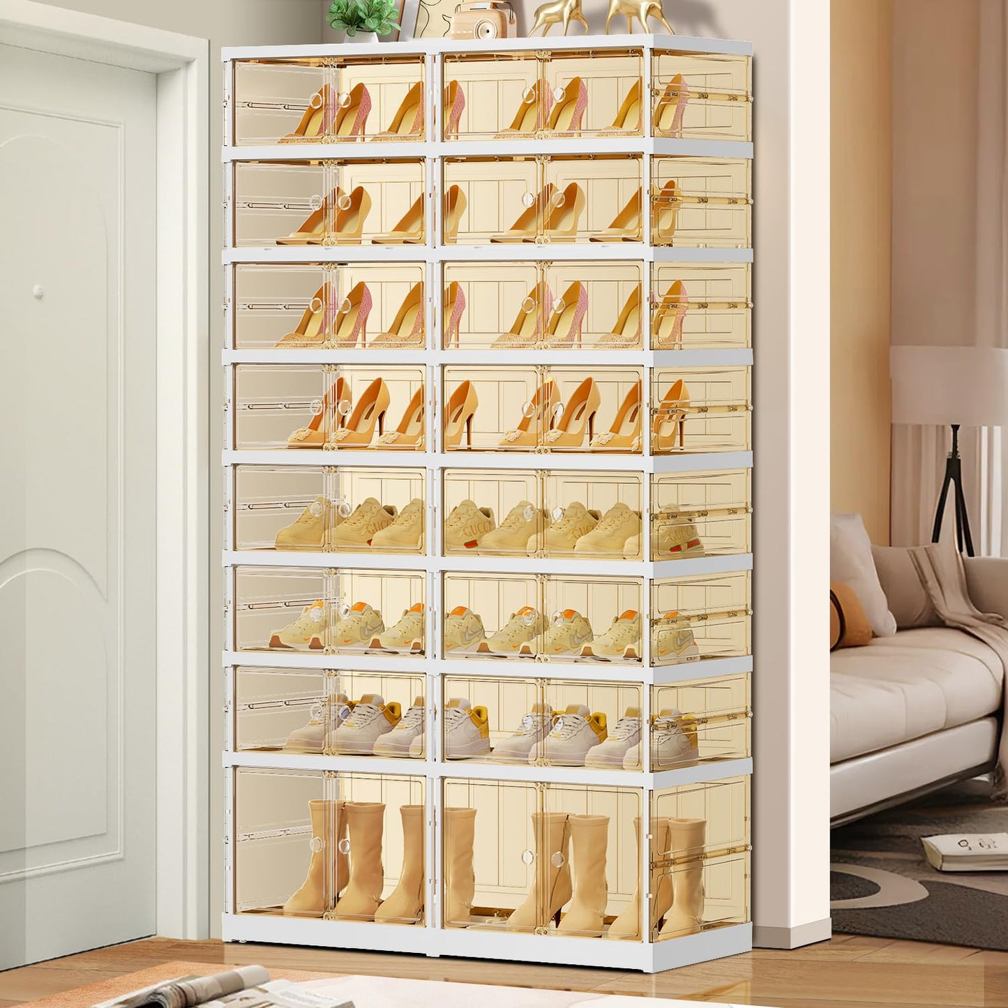 EHAMILY 8 Tiers 16-32 Pairs Foldable Shoe Rack for Closet Plastic Stackable Shoe Boxes for Garage Collapsible Shoes Shelf with Doors Storage Organizer Cabinet Quick Assembly,Brown
