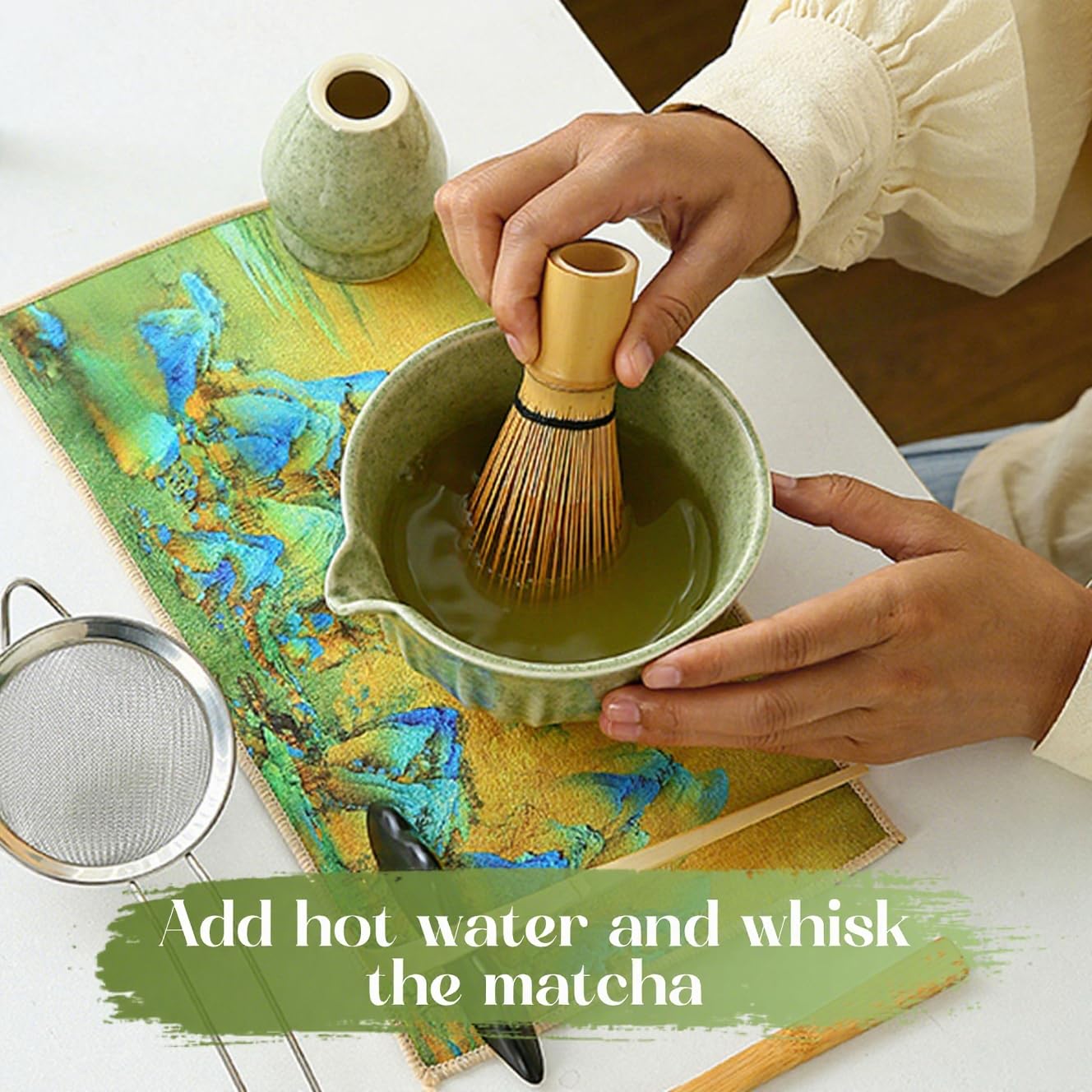 Matcha Whisk Set, 8 Pcs Matcha Kit Includes Matcha Bowl with Spout, Bamboo Whisk, Ceramic Holder, Bamboo Scoop x2, Scoop Rest, Stainless Sifter and Tea Towel, Gift for Matcha Lover