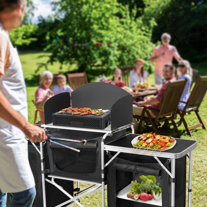 CampLand Folding Camping Kitchen Table with Windscreen,Portable Outdoor Cooking Station with Storage Cabinet & Side Tables Heavy Duty Camp Cook Station for Camping & BBQ (Black3cabinet)